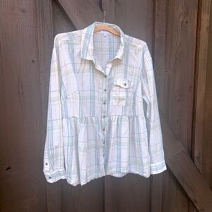True Craft Plaid Peplum Shirt 1X Long Sleeve Cotton Blend‎ Button Up Boho Tunic